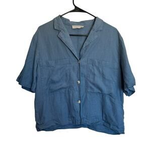 Everlane Linen Notch Shirt Blue Button Up Boxy Pocket Top Size S